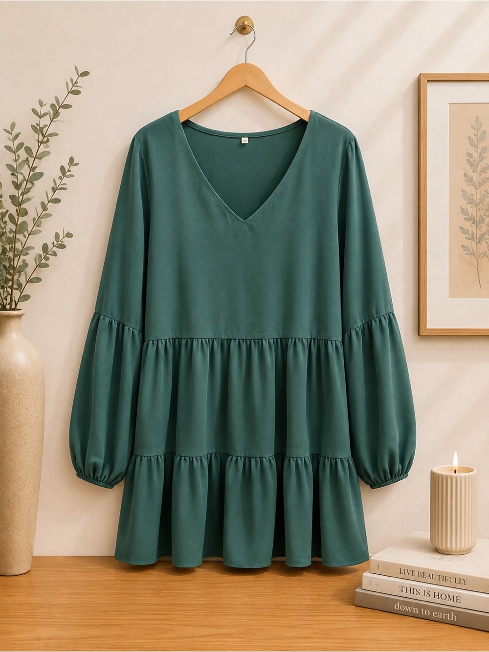 V-Neck Tiered Long Sleeve Women's Dress - Green